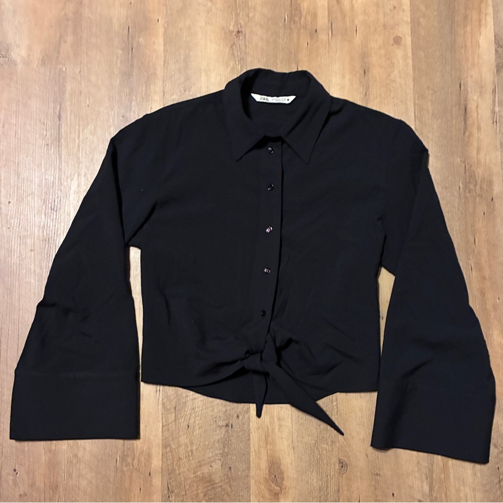 Zara Bell Sleeve Button-Front Tie Waist Blouse in Dark Navy